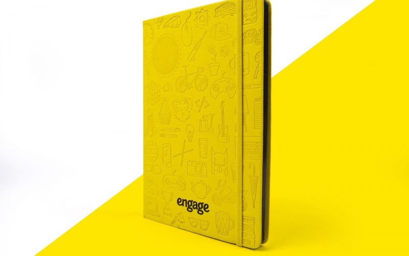 personalised notebook with custom finishes - yellow branded engage notebook