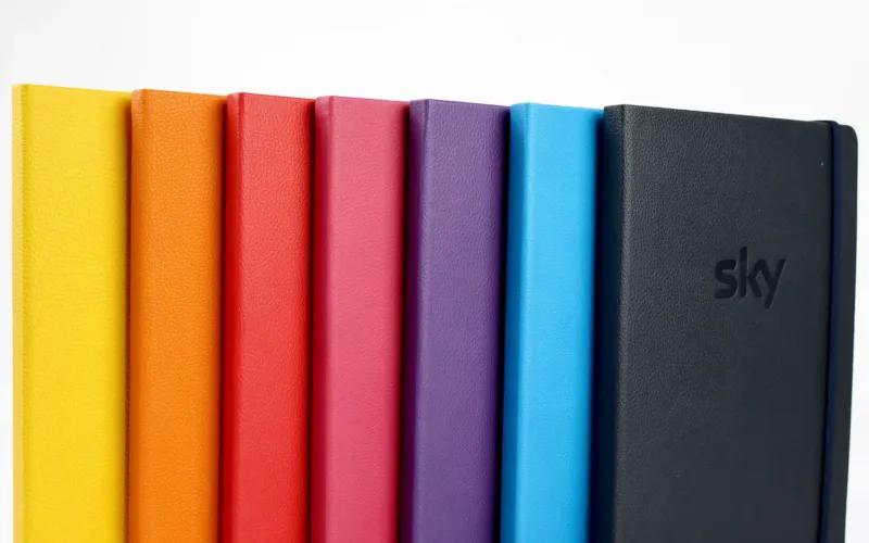 A row of seven colorful notebooks, including yellow, orange, red, pink, purple, blue, and a black notebook embossed with 